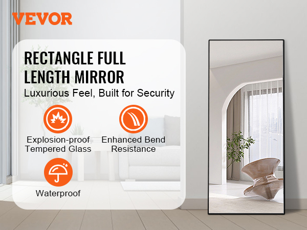 VEVOR full length mirror with explosion-proof tempered glass, enhanced bend resistance, and waterproof.