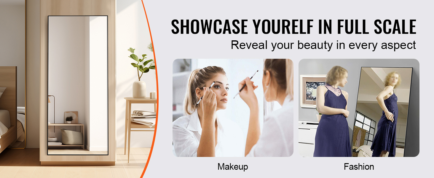 VEVOR full length mirror in bedroom and makeup and fashion applications. showcase yourself in full scale.