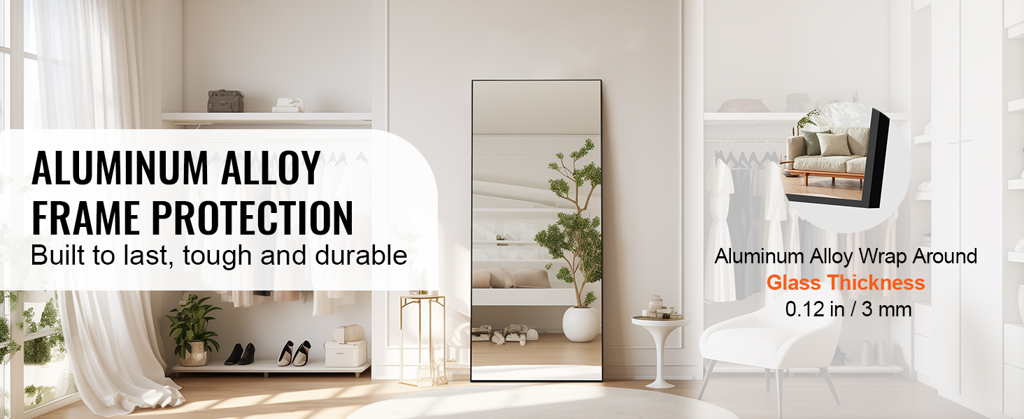 VEVOR full length mirror in a bedroom with aluminum alloy frame and 0.12 in/3 mm thick glass.