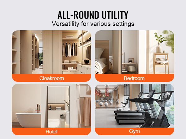 VEVOR full length mirror showcasing versatility: cloakroom, bedroom, hotel, and gym settings.