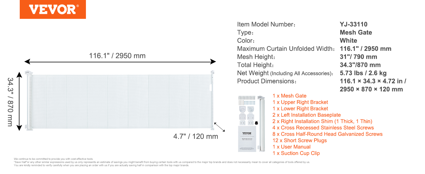 VEVOR retractable baby gate, white, mesh, width 116.1 inches, height 34.3 inches, 5.73 lbs total weight.