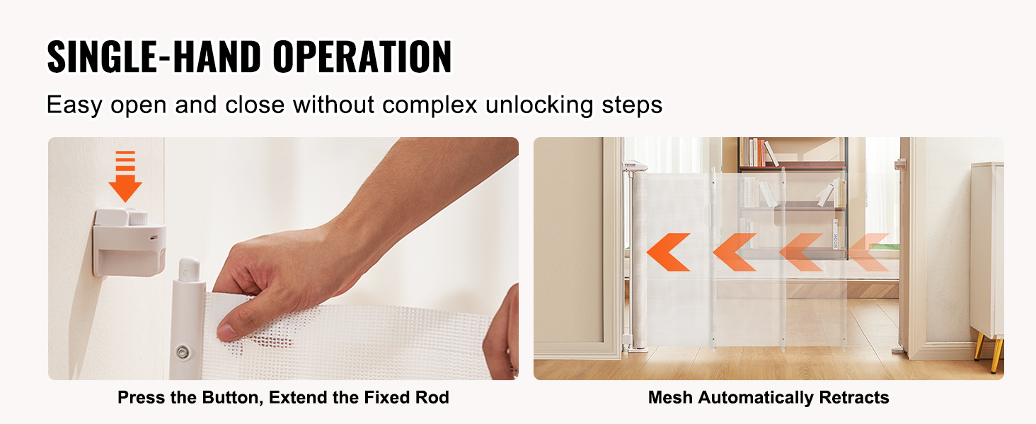 single-hand operation of VEVOR retractable baby gate, easy button press and automatic mesh retraction.