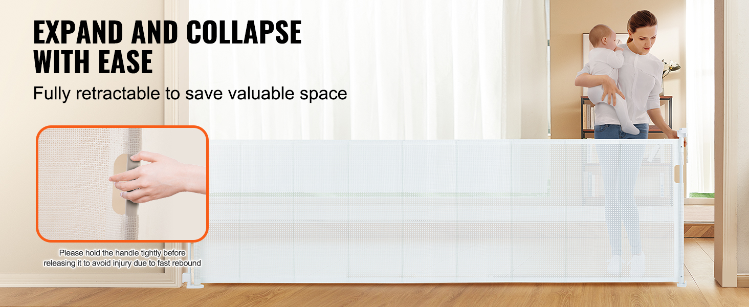 VEVOR retractable baby gate expands easily, fully retractable to save space, secure handle shown in detail.
