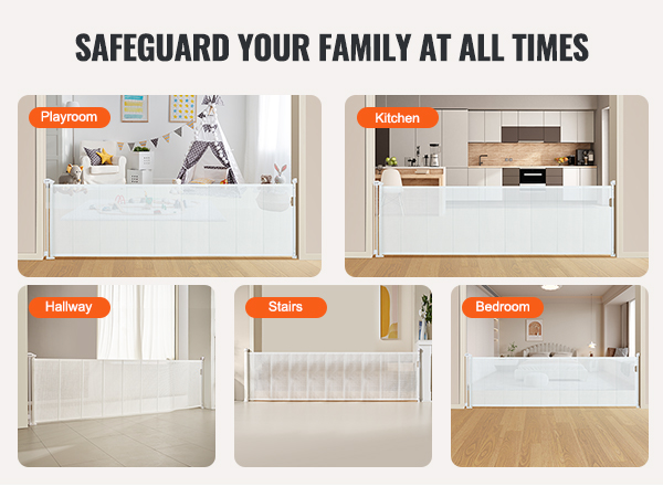 VEVOR retractable baby gate in playroom, kitchen, hallway, stairs, and bedroom setup for safety.