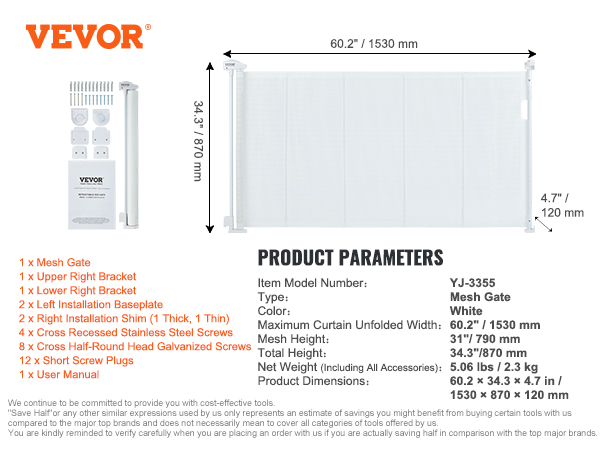 VEVOR retractable baby gate dimensions: 60.2" x 34.3" x 4.7". mesh gate with brackets and installation parts.