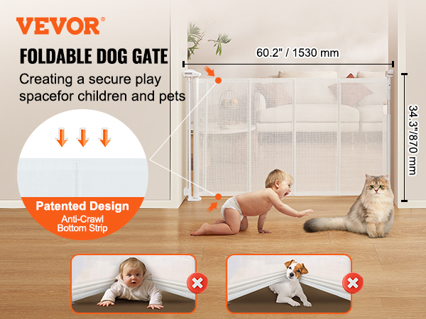 VEVOR retractable baby gate ensures a secure play space for children and pets with patented anti-crawl design.