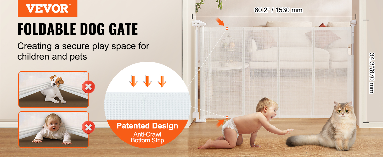VEVOR retractable baby gate ensures a secure play space for children and pets with patented anti-crawl design.