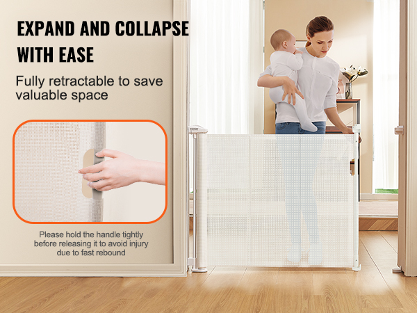 VEVOR retractable baby gate in white, expanding and collapsing with ease to save valuable space.