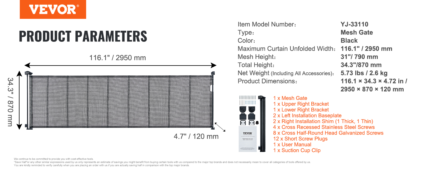 VEVOR retractable baby gate, black, measures 116.1" x 34.3", includes brackets and screws.