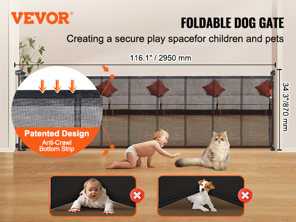VEVOR retractable baby gate showcasing foldable dog gate, patent design, and dimensions in living room.