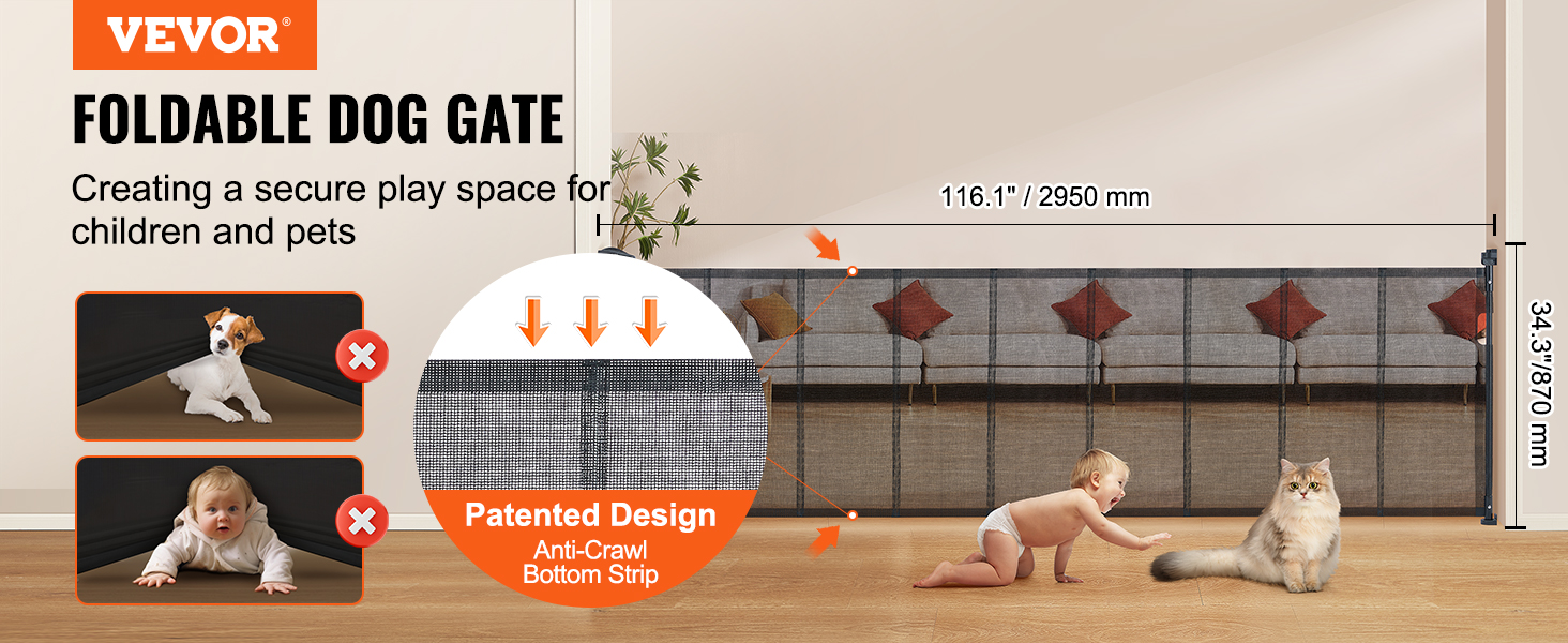 VEVOR retractable baby gate showcasing foldable dog gate, patent design, and dimensions in living room.