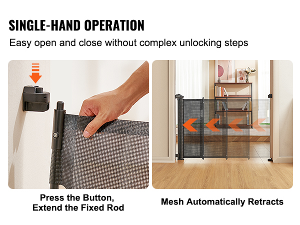 VEVOR retractable baby gate with single-hand operation for easy use, mesh automatically retracts.