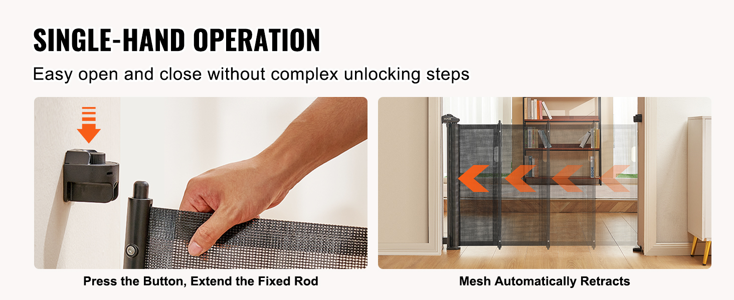 VEVOR retractable baby gate with single-hand operation for easy use, mesh automatically retracts.
