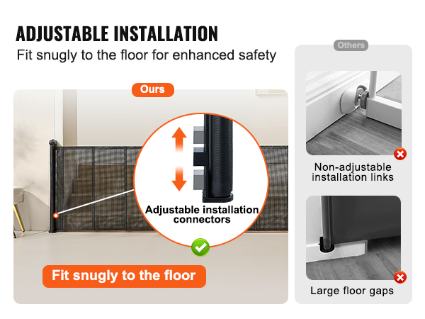 adjustable installation of VEVOR retractable baby gate fits snugly to floor, ensuring enhanced safety.