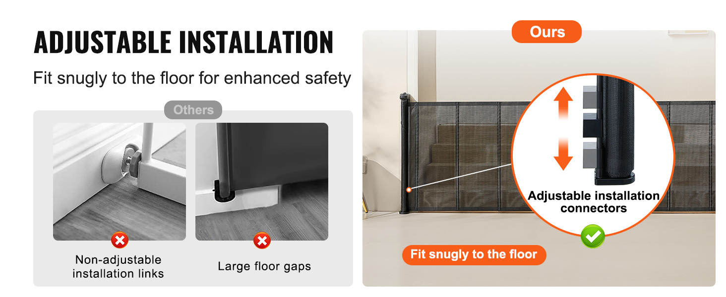 adjustable installation of VEVOR retractable baby gate fits snugly to floor, ensuring enhanced safety.