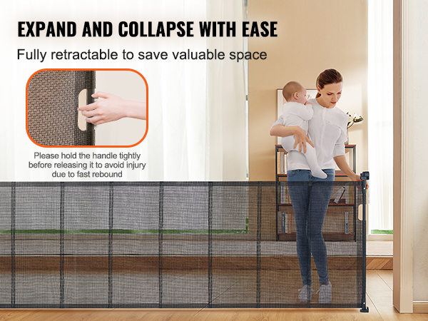 VEVOR retractable baby gate expands and collapses with ease, fully retractable to save space.
