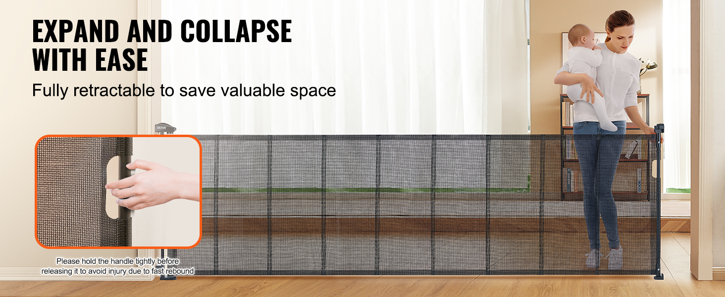 VEVOR retractable baby gate expands and collapses with ease, fully retractable to save space.