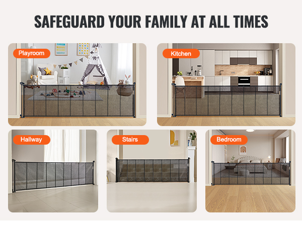 VEVOR retractable baby gate in playroom, kitchen, hallway, stairs, and bedroom for family safety.