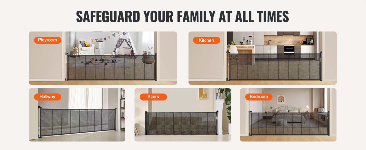VEVOR retractable baby gate in playroom, kitchen, hallway, stairs, and bedroom for family safety.