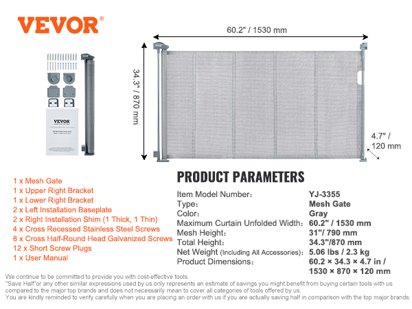VEVOR retractable baby gate, 60.2" x 34.3", gray mesh, installation brackets and screws included.