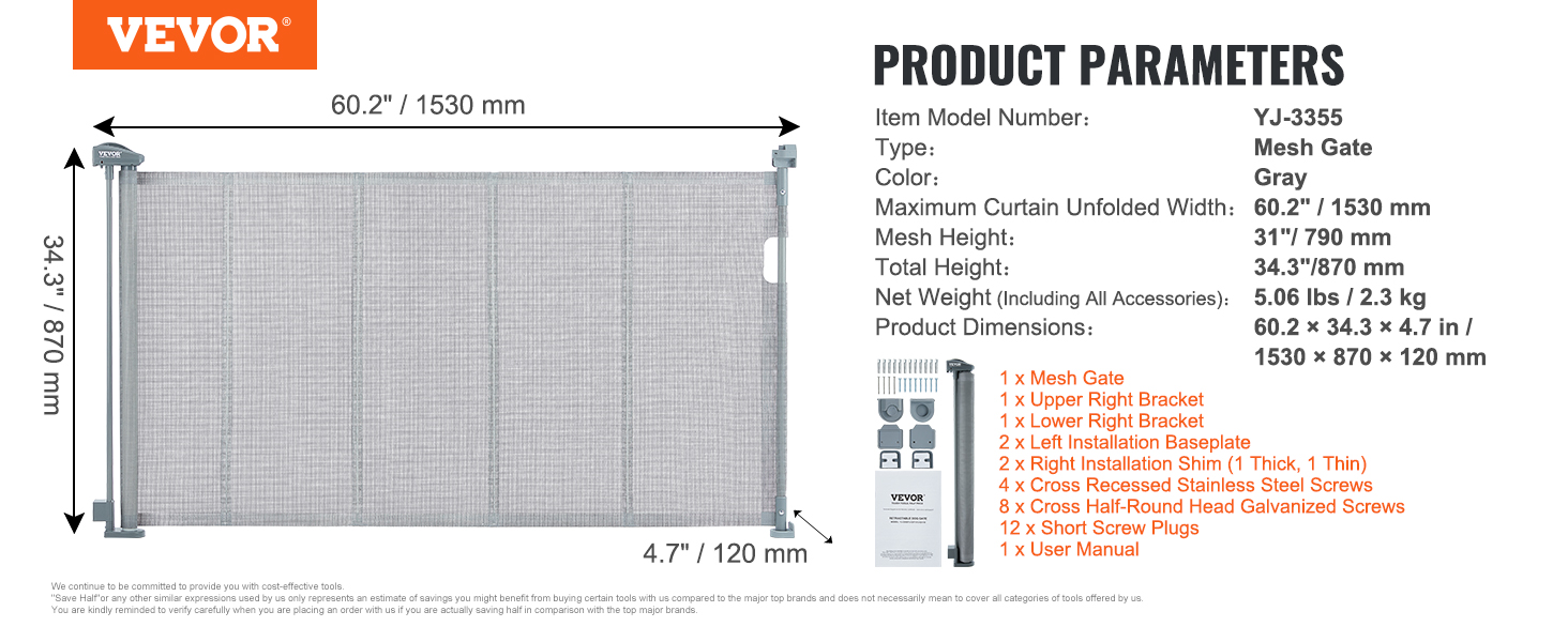 VEVOR retractable baby gate, 60.2" x 34.3", gray mesh, installation brackets and screws included.