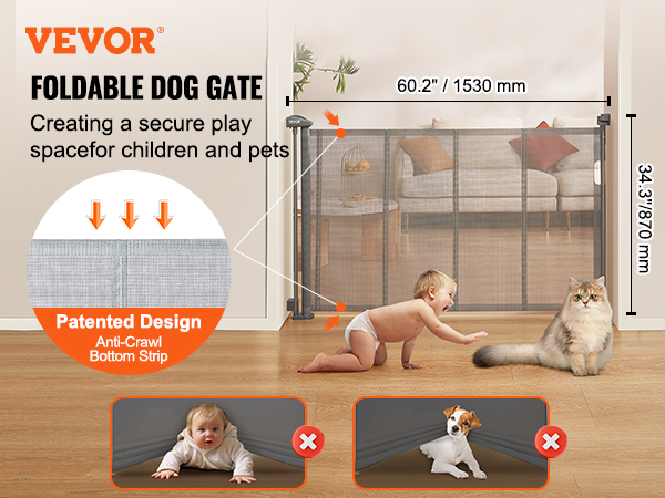 VEVOR retractable baby gate ensuring child and pet safety with foldable design and anti-crawl bottom strip.