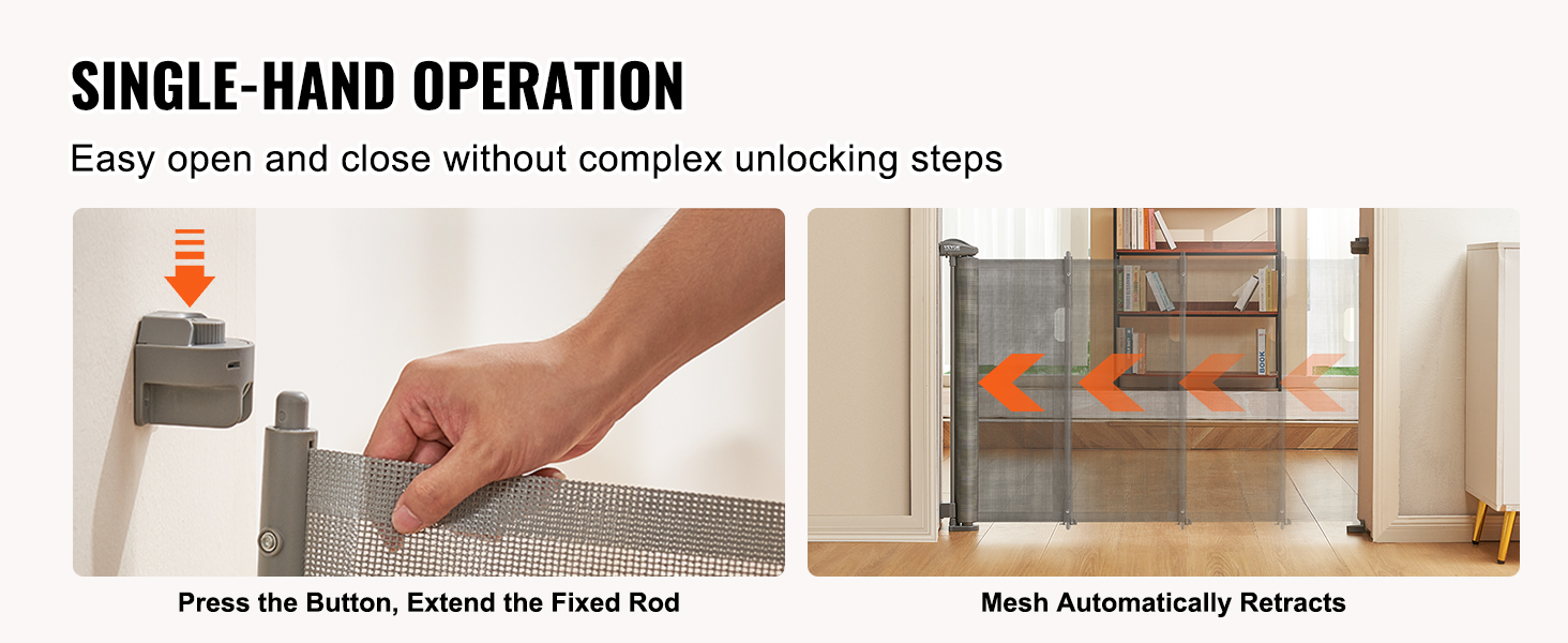 single-hand operation showing easy button press and auto-retracting mesh on VEVOR retractable baby gate.