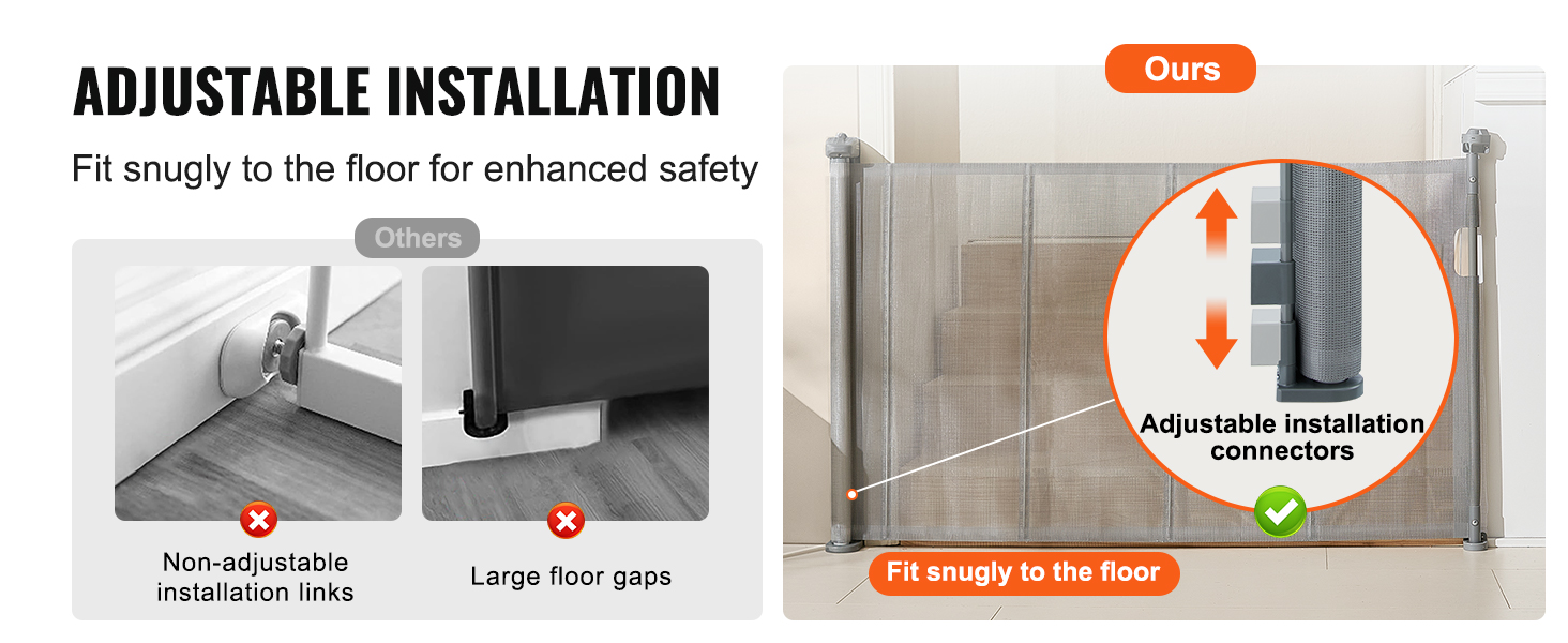 adjustable installation of a VEVOR retractable baby gate, fitting snugly to the floor for enhanced safety.
