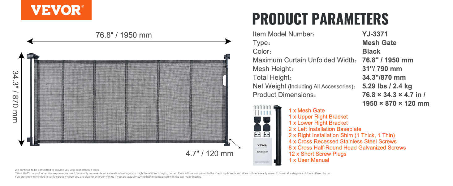 VEVOR retractable baby gate black mesh gate with dimensions and components list.