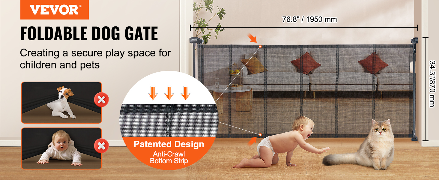 VEVOR retractable baby gate: foldable design, anti-crawl bottom strip, secures children and pets.