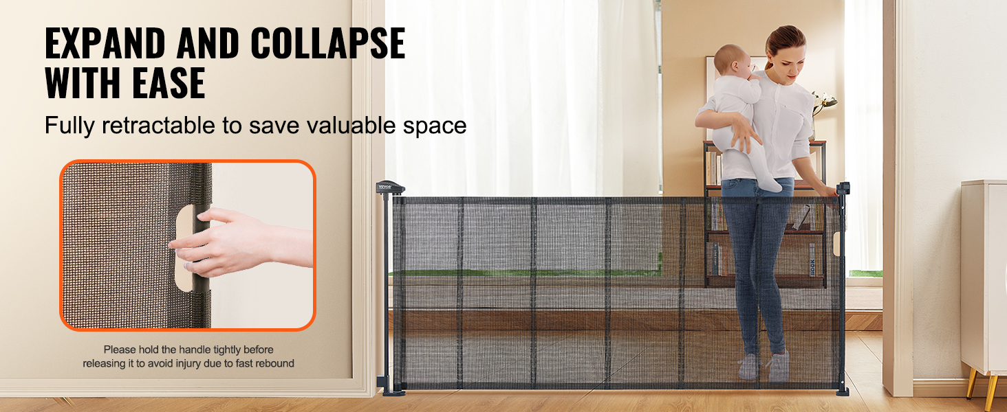 VEVOR retractable baby gate, easy to expand and collapse, fully retractable to save valuable space.