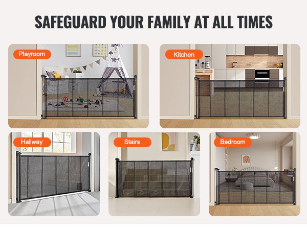 VEVOR retractable baby gate securing playroom, kitchen, hallway, stairs, and bedroom. safeguard your family.