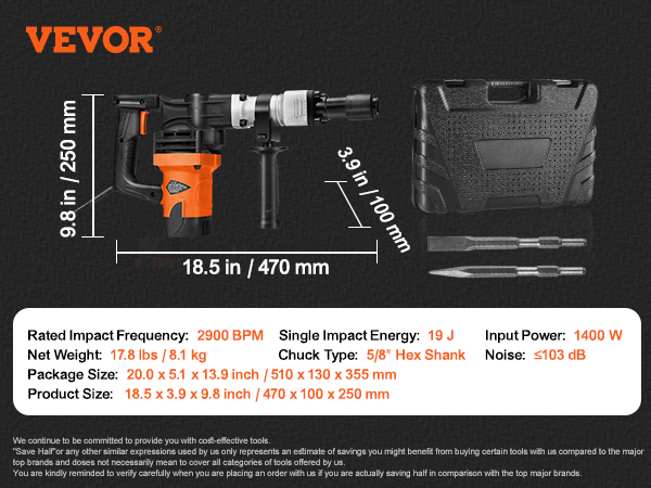 VEVOR demolition hammer, 1400w, 2900 bpm, with carrying case, 5/8" hex shankex, 19j impact energy.