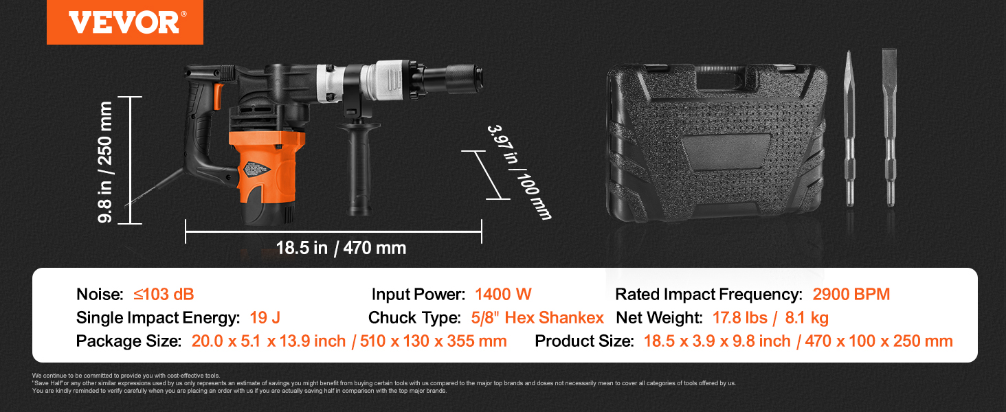 VEVOR demolition hammer, 1400w, 2900 bpm, with carrying case, 5/8" hex shankex, 19j impact energy.