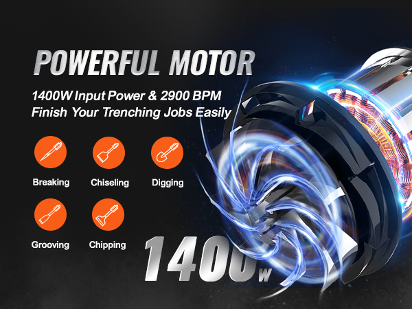 powerful 1400w VEVOR demolition hammer for breaking, chiseling, digging, grooving, and chipping.