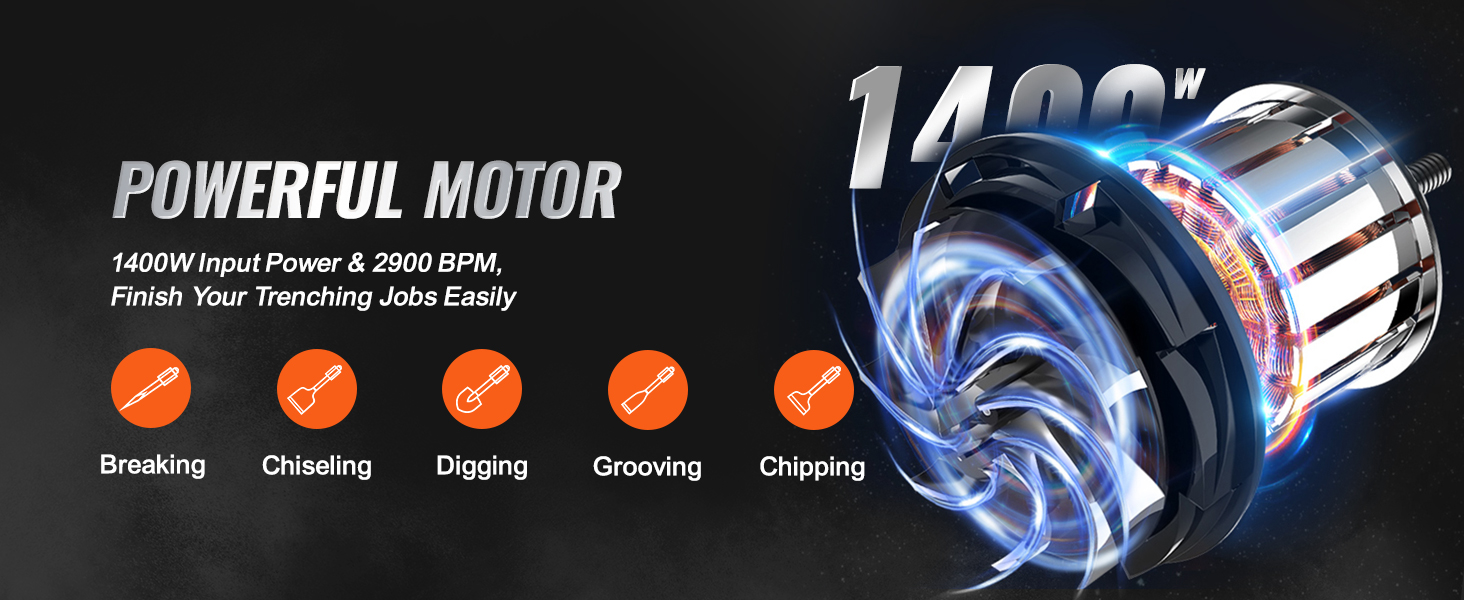 powerful 1400w VEVOR demolition hammer for breaking, chiseling, digging, grooving, and chipping.