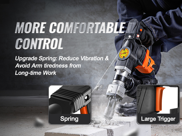 VEVOR demolition hammer with upgrade spring and large trigger for comfortable control and reduced vibration.