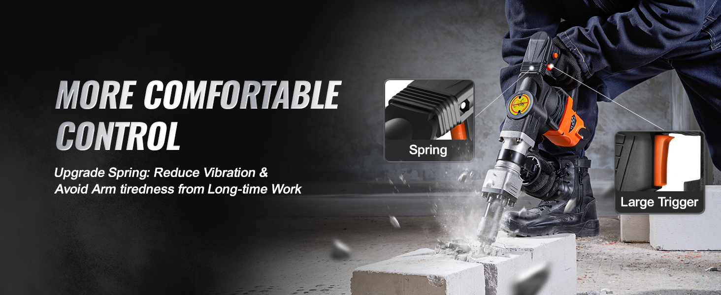 VEVOR demolition hammer with upgrade spring and large trigger for comfortable control and reduced vibration.