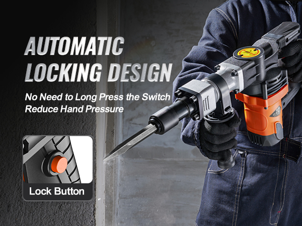 worker using VEVOR demolition hammer with automatic locking design for reduced hand pressure.