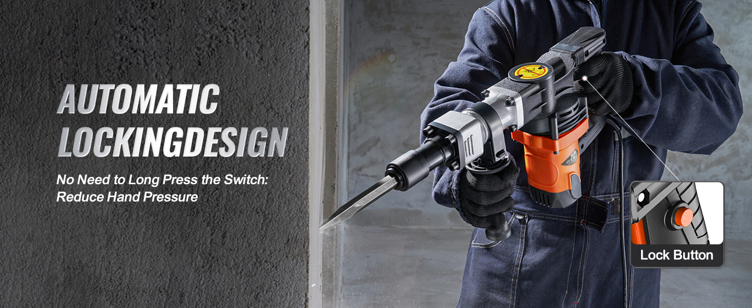 worker using VEVOR demolition hammer with automatic locking design for reduced hand pressure.