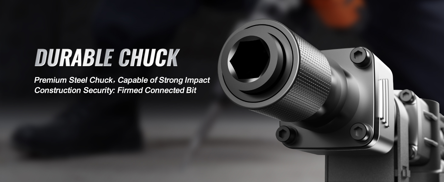 durable chuck of VEVOR demolition hammer with premium steel construction for strong impact.