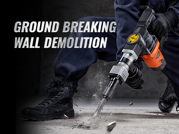 worker using VEVOR demolition hammer for wall demolition with powerful impact and precision.