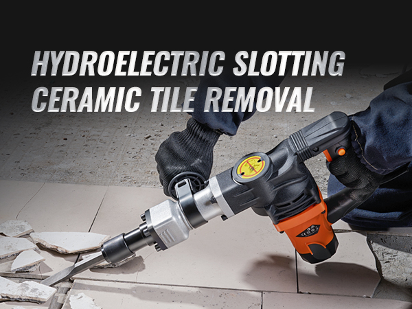 VEVOR demolition hammer being used for ceramic tile removal and hydroelectric slotting.