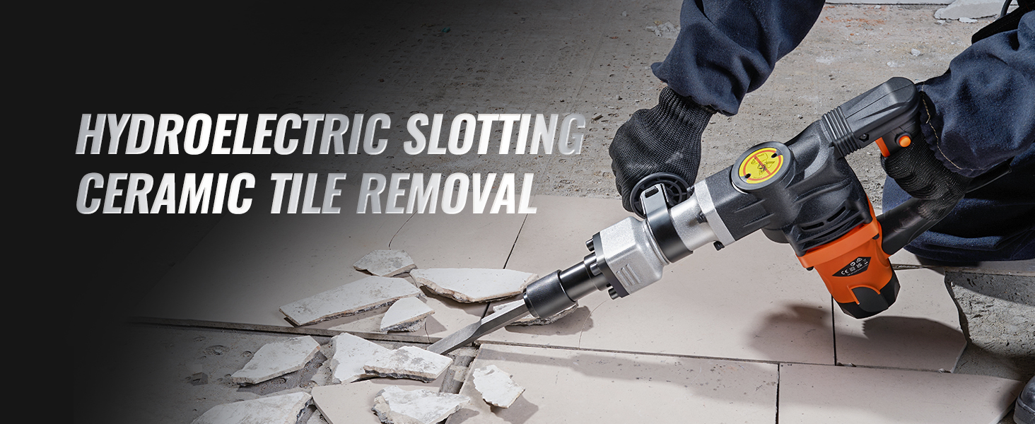 VEVOR demolition hammer being used for ceramic tile removal and hydroelectric slotting.