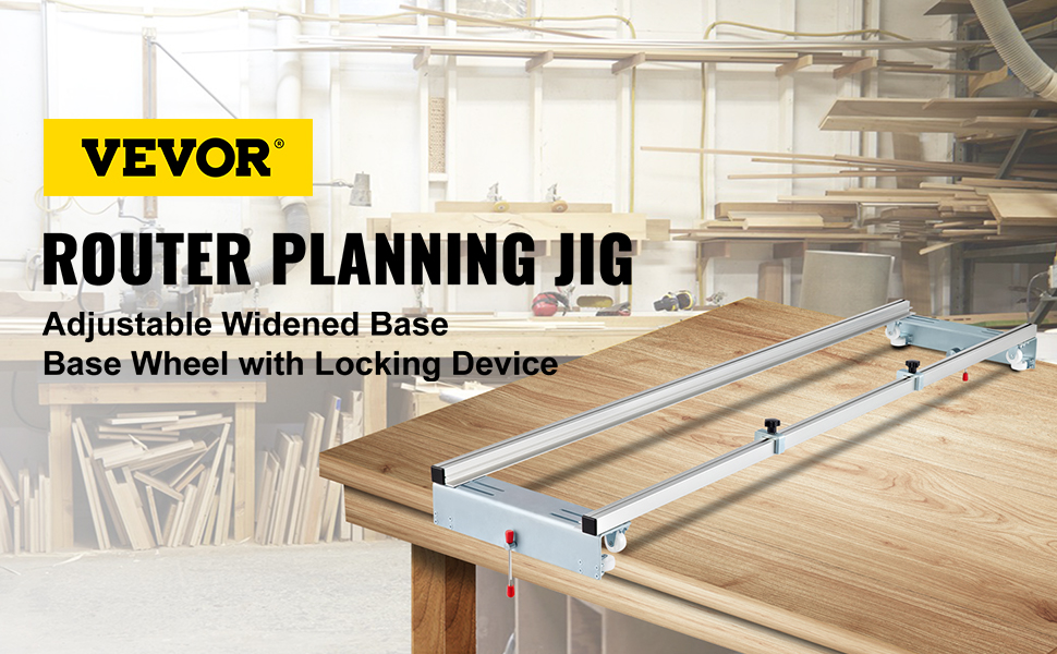VEVOR router sled with adjustable widened base in a woodworking shop.
