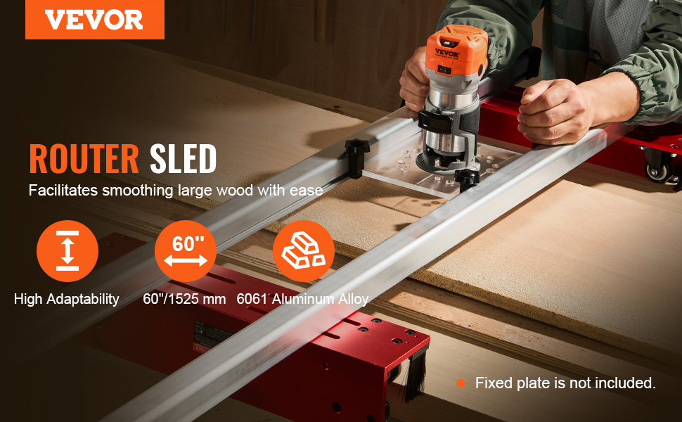 VEVOR router sled in use, smoothing large wood with ease. high adaptability and 6061 aluminum alloy.