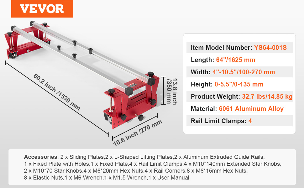 VEVOR router sled with red adjustable aluminum frame, 64"x10.5"x0.5", model ys64-001s, 6061 alloy.