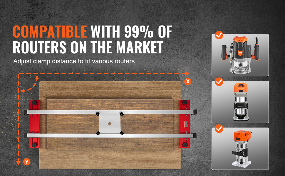 VEVOR router sled compatible with 99% of routers, adjustable clamp distance to fit various models.