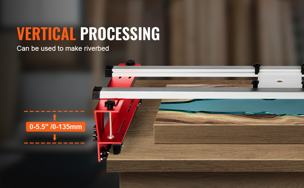VEVOR router sled for vertical processing, showcasing 0-5.5 inch cutting depth for riverbed creation.