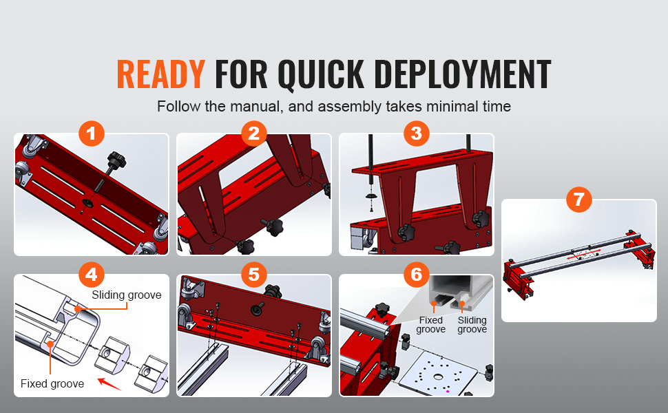 assembly steps of VEVOR router sled with labeled parts and sections in red and gray tones.